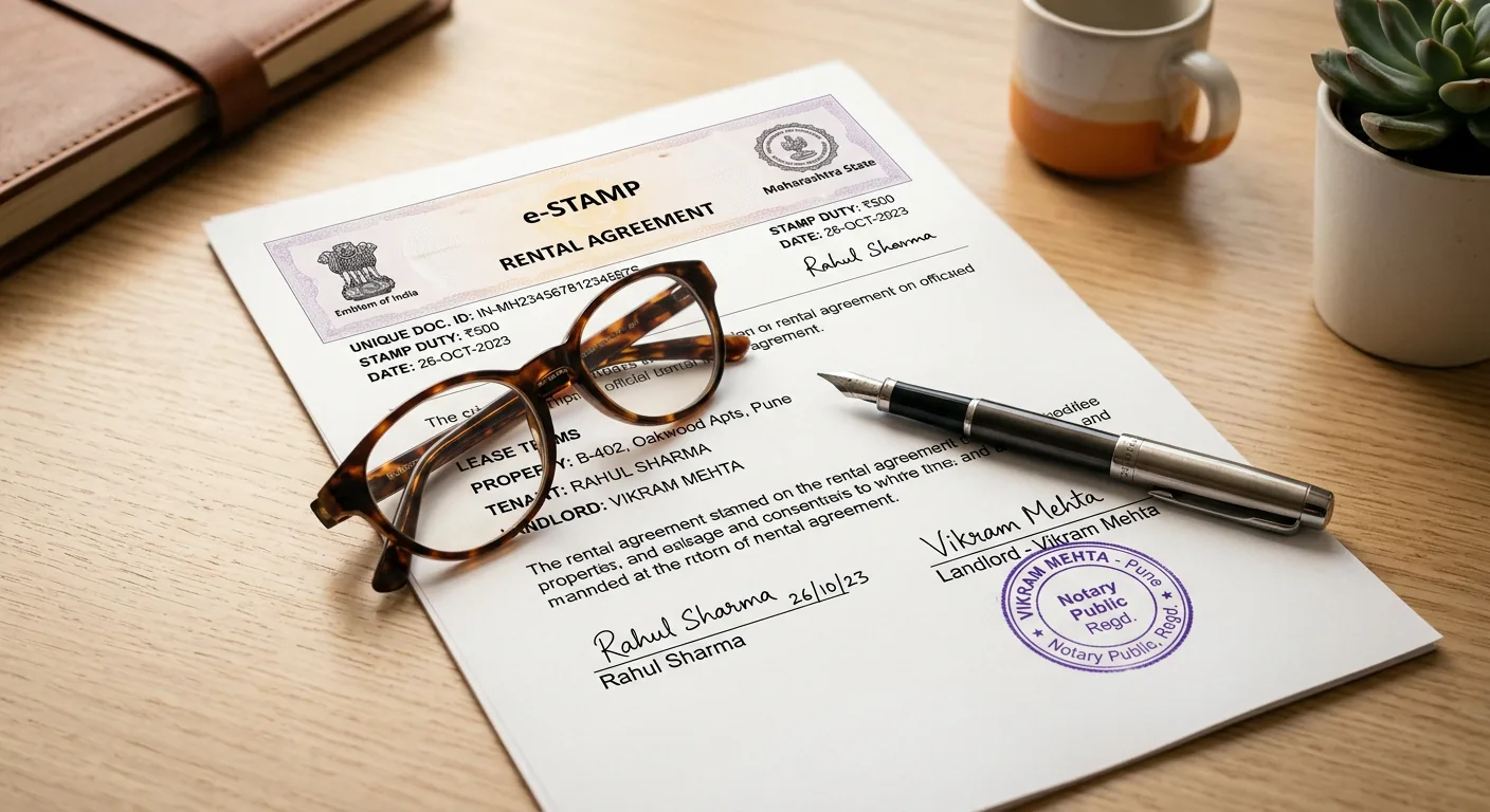 Rental agreement printed on e-stamp paper with an official seal and a pen