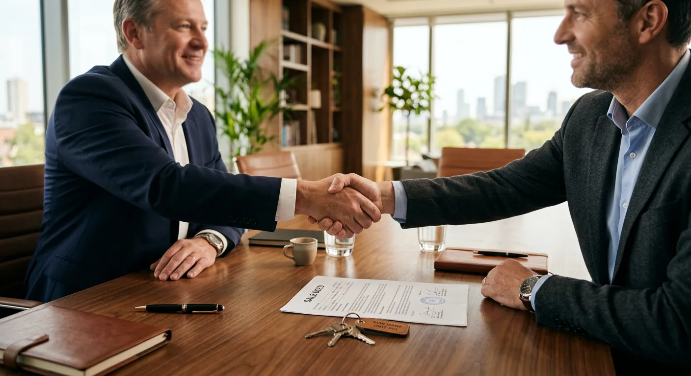 Two people shaking hands over a sale deed document and house keys